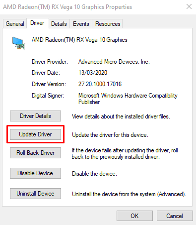 The Update Driver button