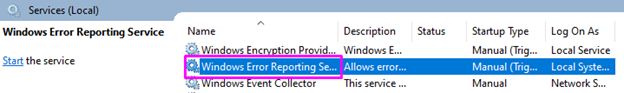 Windows Error Reporting Service option