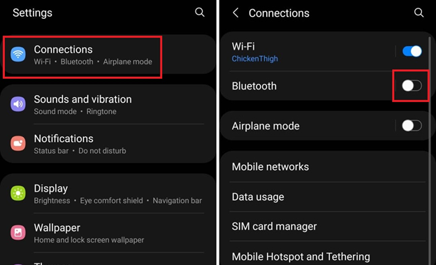 turning Bluetooth on from the settings menu