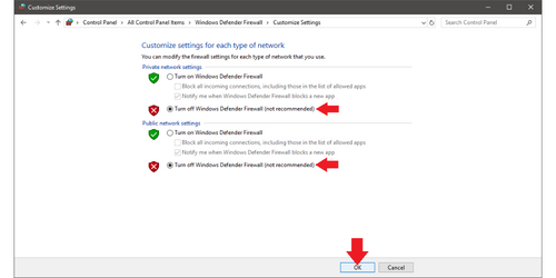 Turn off Windows Defender Firewall