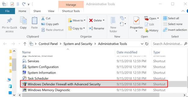 Windows Firewall option from Administrative Tools