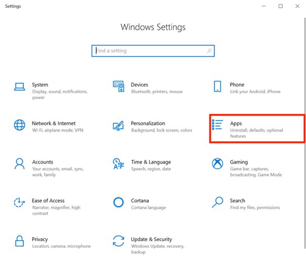 Windows settings and click on Apps