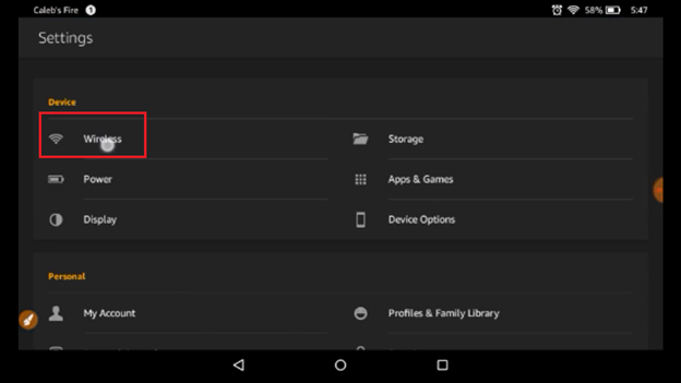 Wireless option in the settings menu