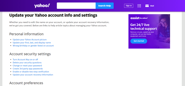 Yahoo account information