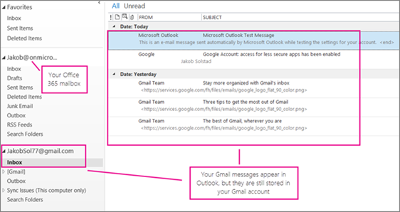 Your Gmail will show under Office 365 ID mailbox